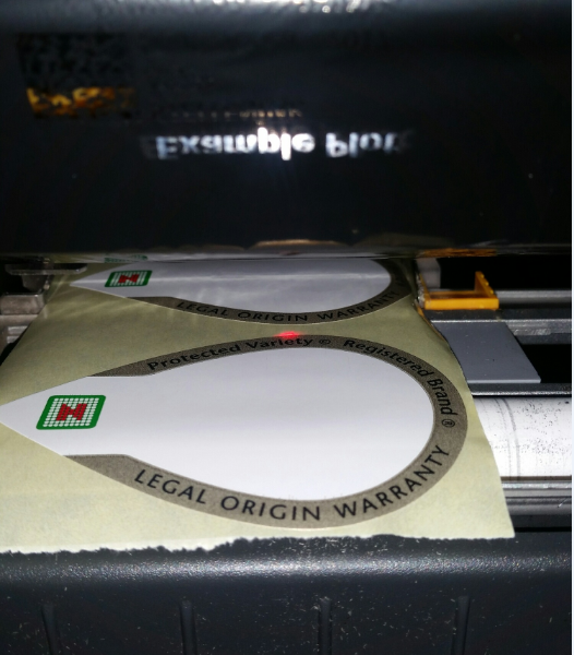 Fotografia de una impresora termica imprimiendo etiquetas Gesvatec. Vista desde arriba mostrando el rollo de etiquetas circulares con texto 'LEGAL ORIGIN WARRANTY' y 'PROTECTED VARIETY' saliendo de la